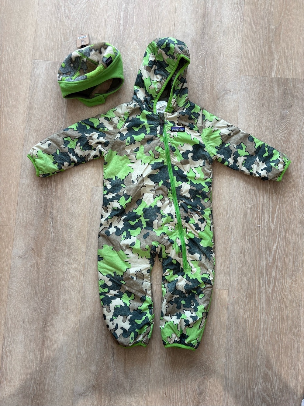 Patagonia Green Camo Hooded One-Piece with Matching Hat